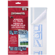 Catchmaster front packaging showing 12 clear window fly trap strips and contents benefit