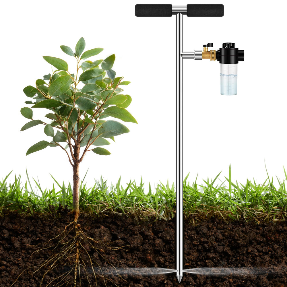 Caulimo spike front view showing durable stainless steel and T-handle benefit targeted watering