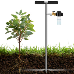 Caulimo spike front view showing durable stainless steel and T-handle benefit targeted watering