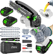 CEEPUY mini chainsaw front view showing packed kit and portability benefit