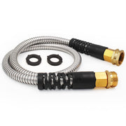 Cesun metal garden hose front view showing durable stainless-steel and compact length benefit