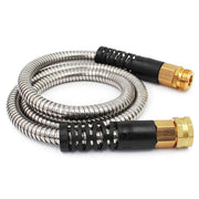 Cesun front view metal hose showing durable stainless-steel jacket and compact length benefit
