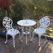 C/G patio casa front view of bistro set showing complete white set and benefits