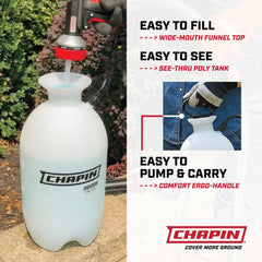 CHAPIN funnel-top filling view showing spill-reducing pour and easy refill benefit