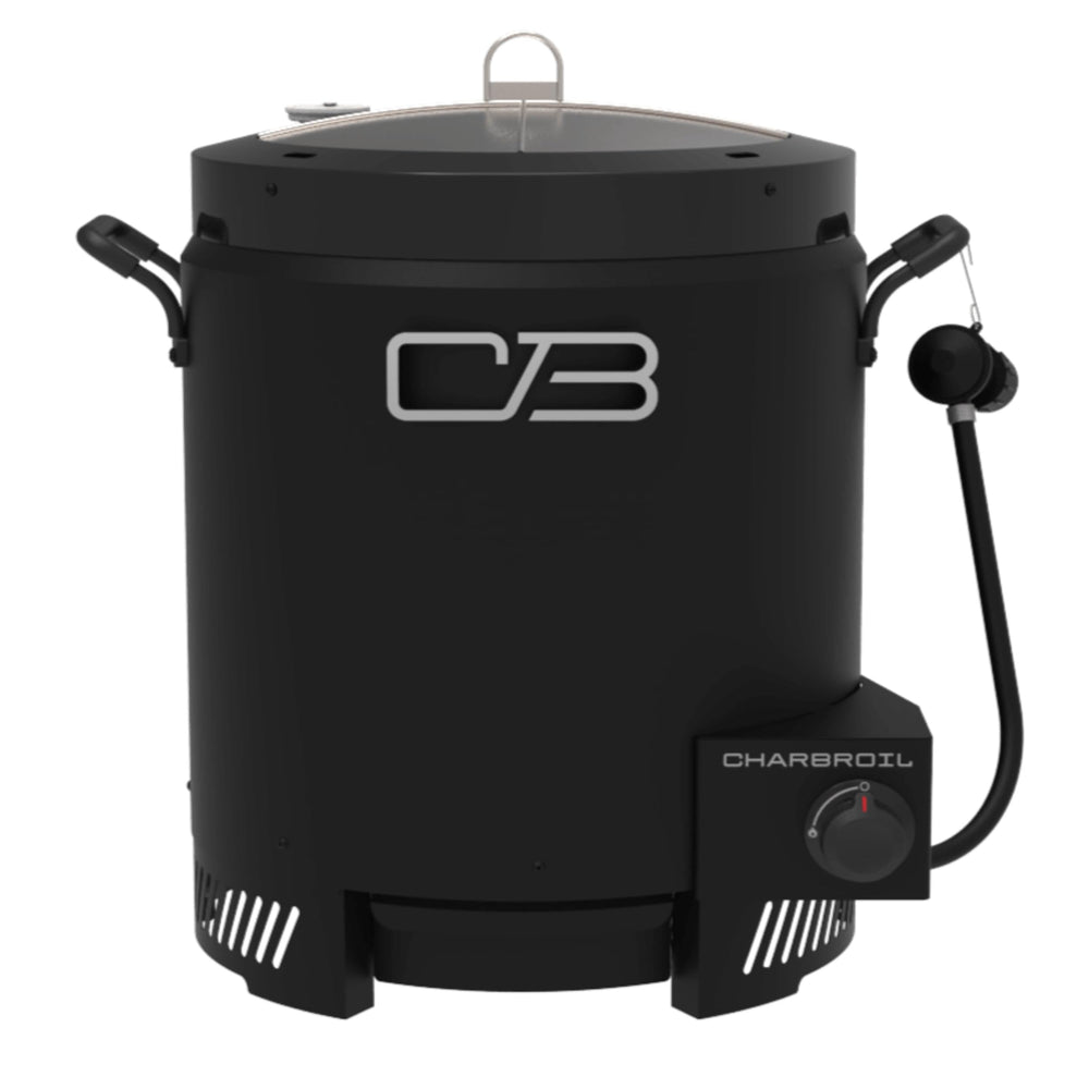 Charbroil big easy front view showing compact cooker and benefits