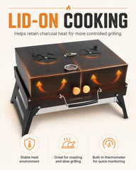 Charmline lifted grate revealing charcoal chamber for quick refueling benefit