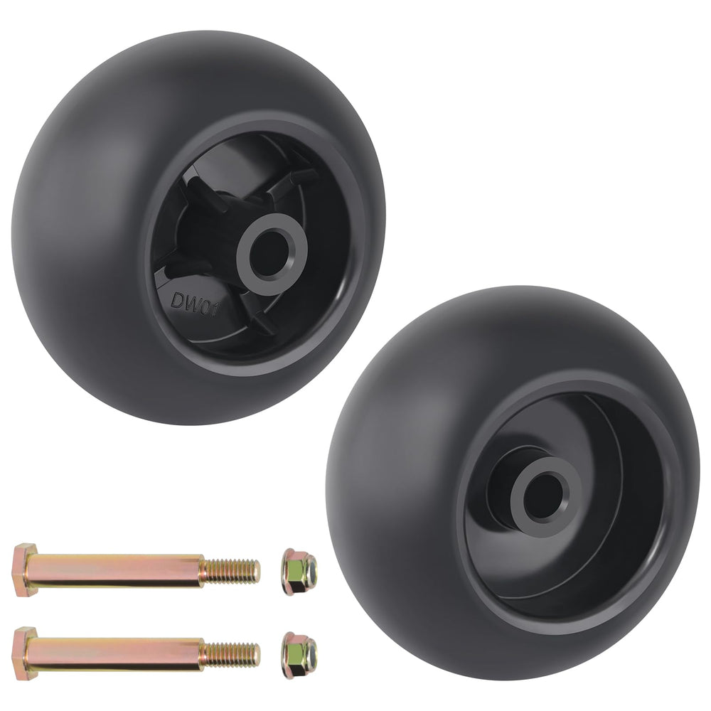 CheeMuii front view of two 5-inch deck wheels showing hardware and kit benefits