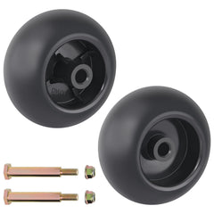 CheeMuii front view of two 5-inch deck wheels showing hardware and kit benefits