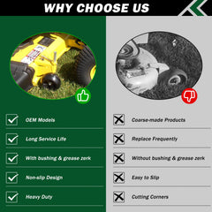 CheeMuii installed gauge wheel on mower deck showing correct height support