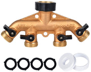 Cheerwater brass 4-way front view showing four outlets and shutoff levers for organized watering