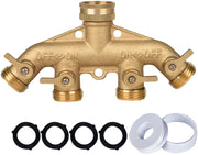 Cheerwater brass 4-way splitter front view showing four ports and hose connections for multitasking
