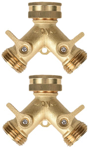 Cheerwater front view of brass splitter showing dual outlets and durable finish