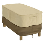 Classic Accessories front view of cover protecting coffee table, keeps furniture dry