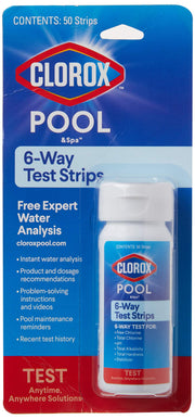 Clorox Pool&Spa front packaging showing 50-strip supply and benefits