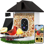 Cokque front view of bird feeder showing camera and dispenser, clear monitoring benefit