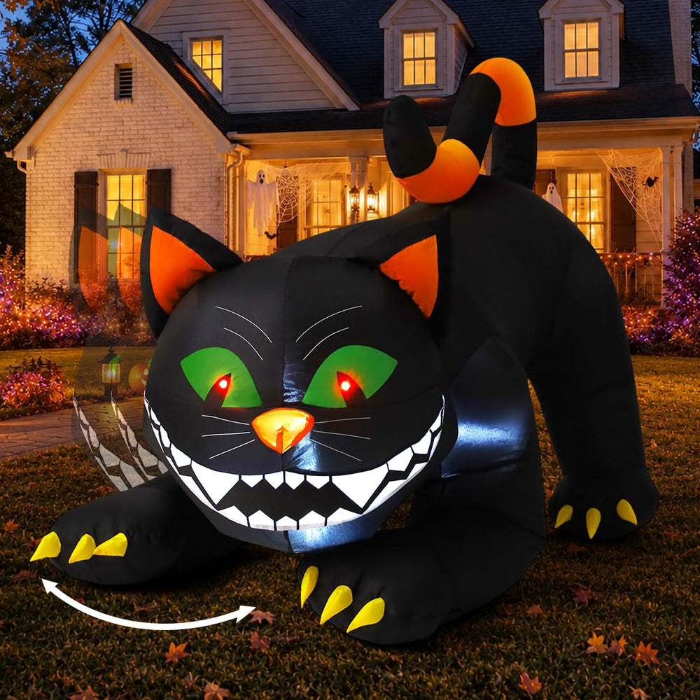 COMIN black cat front view showing full six-foot inflatable and yard presence