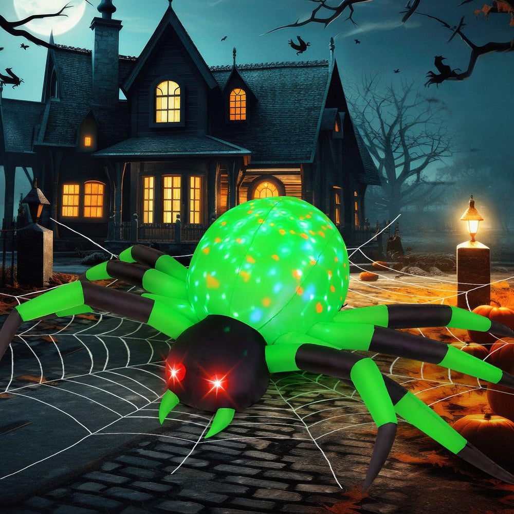COMIN green spider front view showing tall LED-lit Halloween focal point