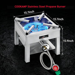 COOKAMP cast iron burner close-up showing durable heat-retaining construction benefit