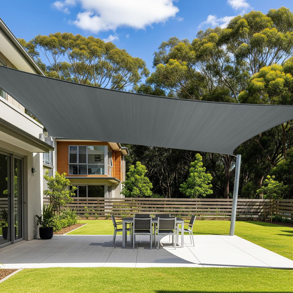 Cool Area front view of 8x8 dark grey shade sail showing clean rectangle coverage