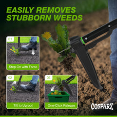 Person using COSPARX standing while pulling a weed, reduces bending