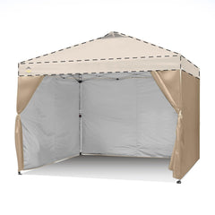 CROWN SHADES four sidewalls installed on pop-up frame offering full privacy and shade