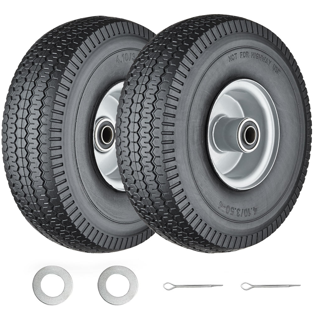 Cubesprings front view of 10-inch tire and wheel showing assembled product and included hardware benefiting quick replacement