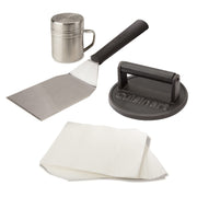 Cuisinart kit front layout showing press, spatula, shaker and patty papers for consistent burgers