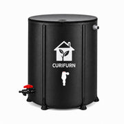 Curifurn front view of black rain barrel highlighting compact storage benefit