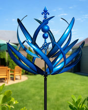 Cyan Oasis front view showing full 91-inch blue wind spinner and movement benefit