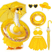 DaGailen front view showing full yellow polka dot outfit and cheerful styling benefit