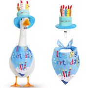 Dansydaisy blue outfit front view showing festive cake hat and bandana, bright decoration
