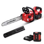 DCK cordless chainsaw front angle showing compact body and Oregon bar, highlighting portability