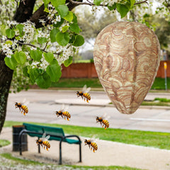 DECYOOL decoy hung near trash cans reducing wasp attraction around waste