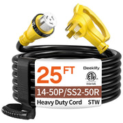 Deeklify front view of 25FT 50 amp cord showing connectors and cable benefits