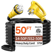 Deeklify front view of NEMA14-50P and SS2-50R plugs showing secure connection benefit