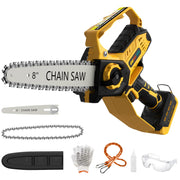 DEMIMA mini chainsaw front view showing compact cordless design and portability