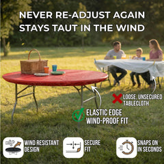 Designs by DaVal table set outdoors with Kwik-Covers showing wind-resistant neat presentation