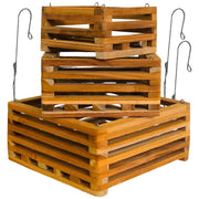 DESQUIGGLE front view set of three teak hanging baskets showing natural finish and arrangement