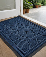 DEXI front door mat front view showing blue floral pattern and durability