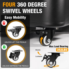 Digury wheel and lock detail demonstrating mobility and secure wheel-lock benefit