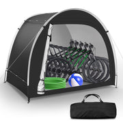 Dikutar front view showing shelter covering four bikes, protects from weather