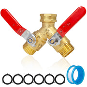 Dingbaayee front view of brass splitter showing dual outlets and benefits of full flow