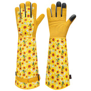 DLY gloves front view showing floral back and leather palms for durable protection