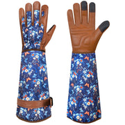DLY garden gloves front view showing brown leather and floral canvas for durable protection