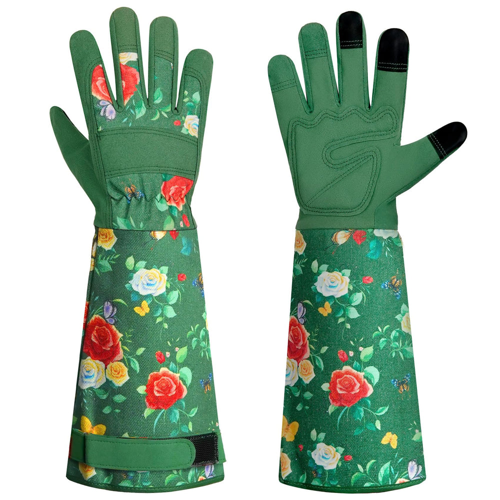 DLY gloves front view showing rose pattern and blue color, stylish protection