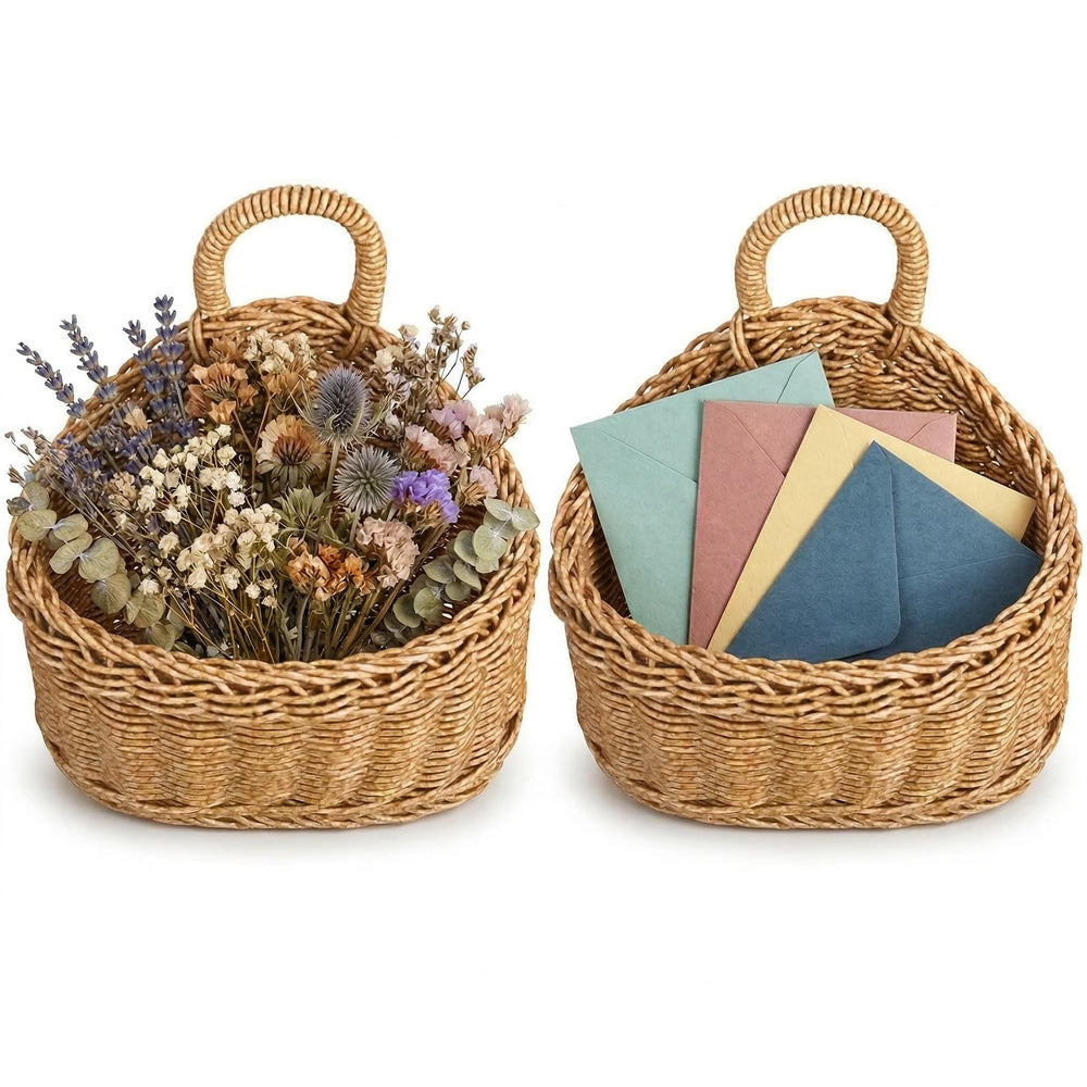 DOITOOL front view of two hanging wicker baskets showing compact storage benefit