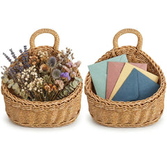 DOITOOL front view of two hanging wicker baskets showing compact storage benefit