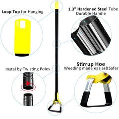 DonSail fully extended hoe in garden demonstrating reach for upright gardening
