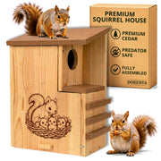DORENTA front view of cedar squirrel house showing sturdy build and immediate readiness