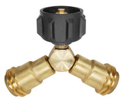 DOZYANT propane splitter front view showing brass Y adapter and fittings for reliable connection